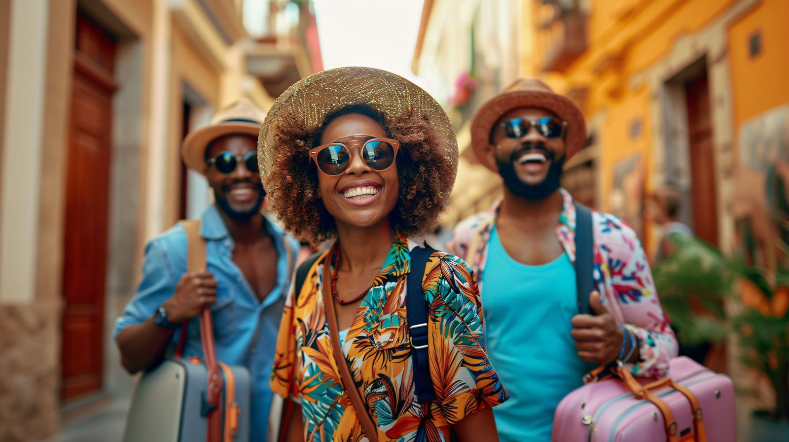 Happy travellers with suitcases walking through a colourful old-town street